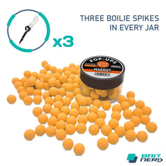 Close-up view of floating pop-up boilies (10mm, maggot flavor) by Bait Nerd