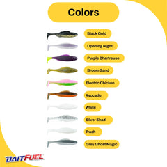 BAITFUEL Saltwater GO2 Minnow color finishes show natural, glow, and UV options.