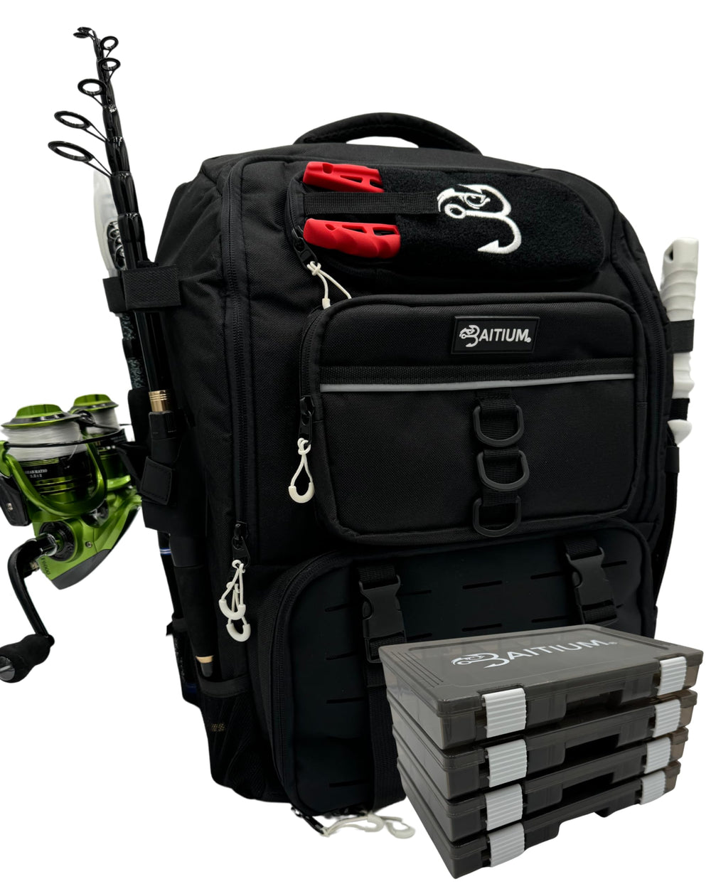 Baitium 40L fishing tackle backpack Jet Black with rod holders from the front