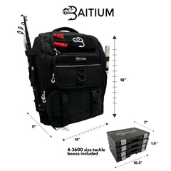 Backpack open with four 3600 tackle trays displayed