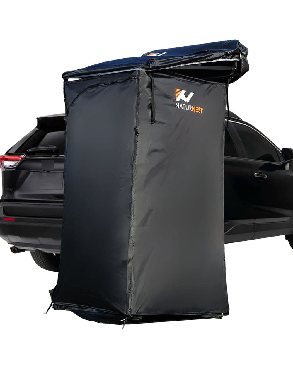 BAMACAR Naturnest shower awning with roof provides privacy and weather protection.