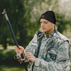 Bang Tidy carp fishing hat in black with double-layer knit for warmth (UK-made).