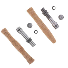 Baosity cork handle and reel-seat close view in wood color.