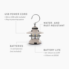 Barebones Edison Mini Lantern features durable steel with powder-coated finish for rugged outdoors.
