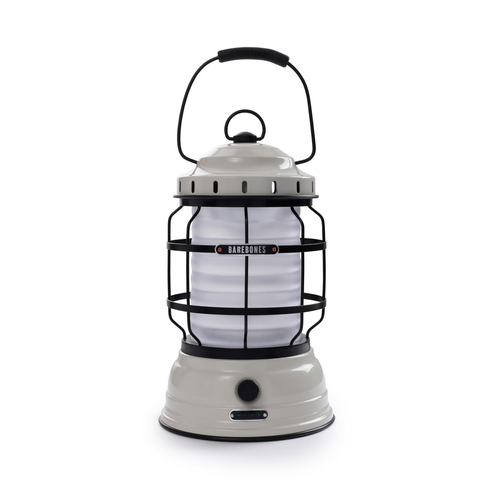 Barebones Forest Lantern vintage-white closeup highlighting compact camping light