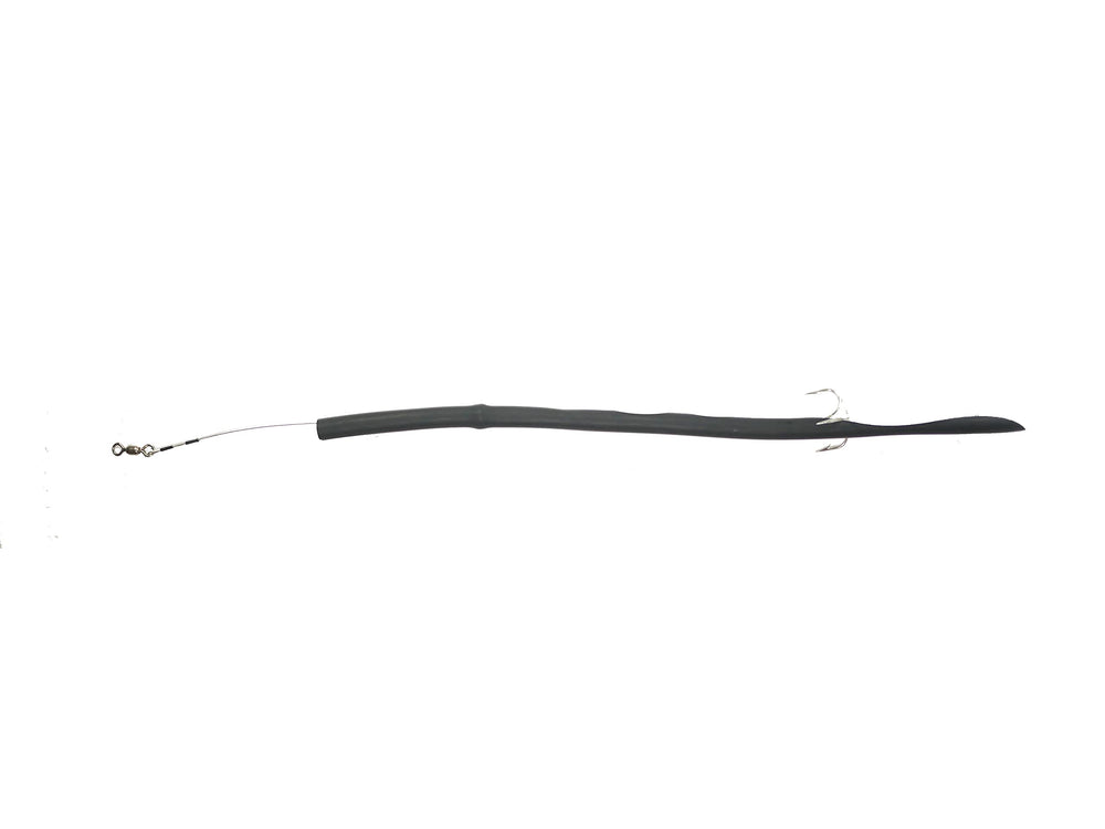 Barracuda Tube Lure Black 18 inch saltwater lure with 80 lb coated wire and 150 lb swivel
