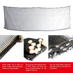 BasicGear Seine Net with buoys and weights emphasizes buoyancy control and secure bottom-edge anchoring.