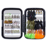 BASSDASH 58-piece fly kit shown with organized fly box for trout fishing