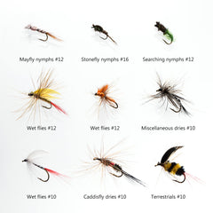 Caddisfly dries, Terrestrials and San Juan worms included in the kit