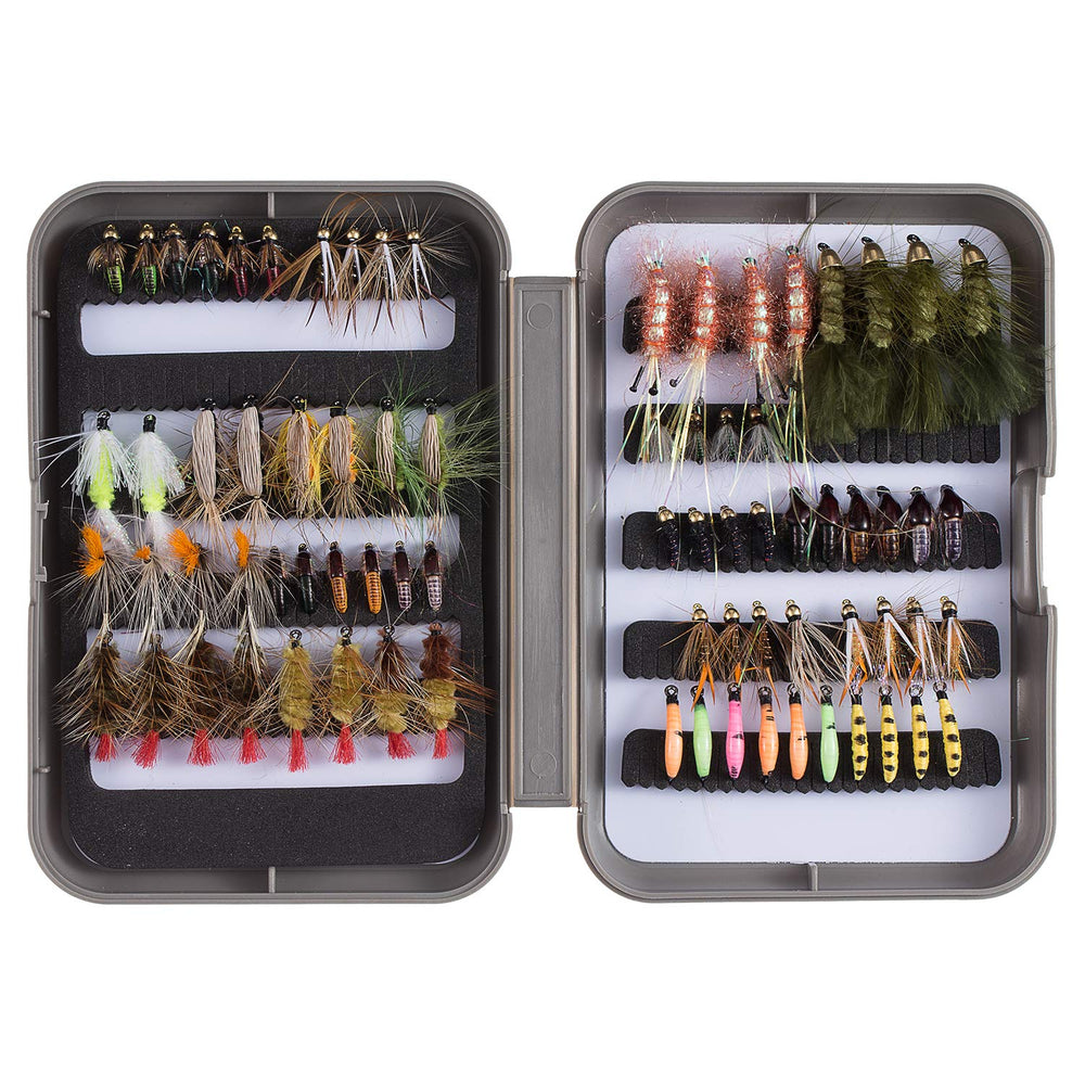BASSDASH 76flies fly box view showing organized trout-ready collection for freshwater fishing
