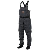 Bassdash denim breathable chest waders front view showing durable 300-denier polyester for rugged fishing and hunting days