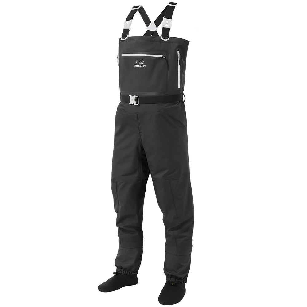 BASSDASH men's wader front view highlighting lightweight breathability for comfortable wading.