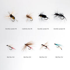 Stonefly nymphs and Caddis dry flies in the kit