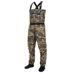 BASSDASH Breathable Veil Camo waders front view highlighting lightweight material for all-day comfort.