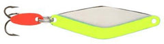 Bay De Noc 3DJFYN do-jigger in fluorescent yellow and nickel for ice fishing lure presentation