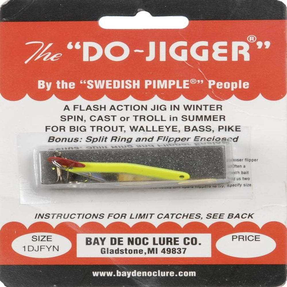 Bay De Noc Do-Jigger ice fishing lure with fluorescent yellow and nickel finish, ready for winter fishing