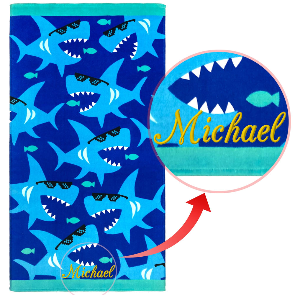 Beachland Sharks towel velour front with soft feel and vibrant print