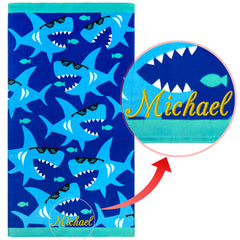 Beachland Sharks towel velour front with soft feel and vibrant print