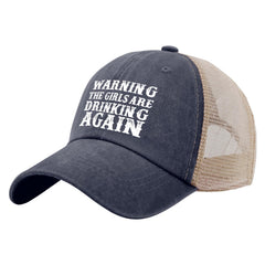 Beafoliya warning girls are drinking again hat, denim texture, retro vibe