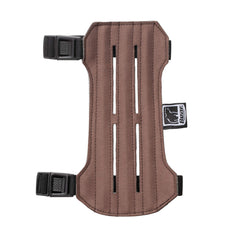Bear Archery Cordura Arm Guard with vented design in brown, front view