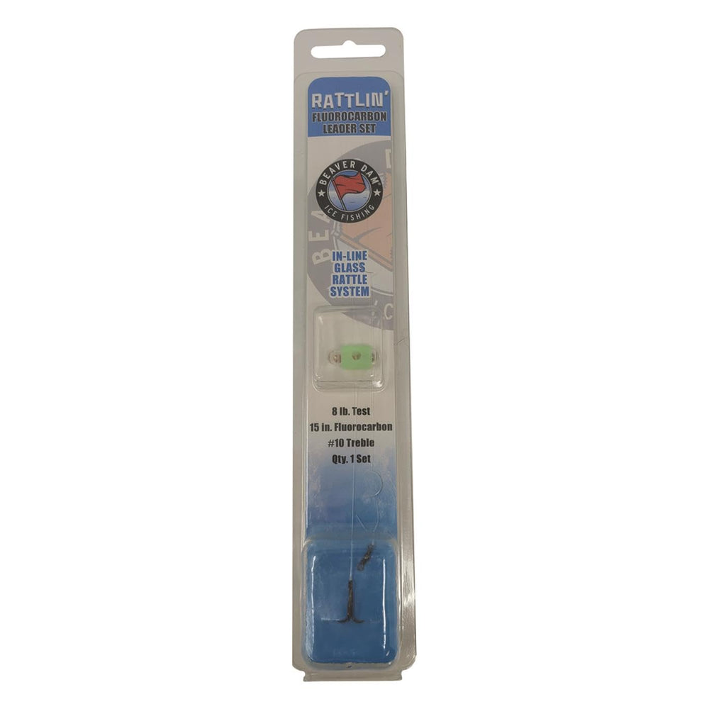 Beaver Dam ice leader with fluorocarbon and glass rattle chamber for enhanced bite under ice