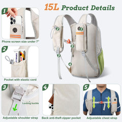 BECOJADDE 15L backpack front pocket in use, organize essentials quickly during outdoor adventures.