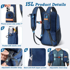 BECOJADDE 15L backpack left zip pocket for secure storage during outdoor activities