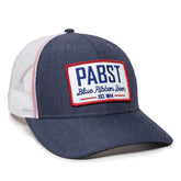 Front view of Outdoor Cap Standard BEER-026 in Pabst Blue Ribbon Navy/White