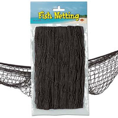 Beistle black fish netting pack-2 shown as luau decor and party backdrop.