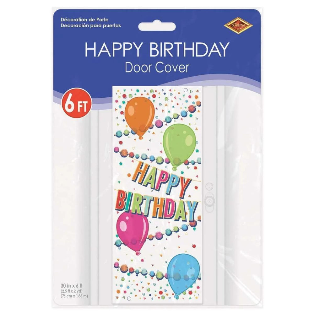 Beistle Happy Birthday Door Cover decorates a doorway for a festive celebration