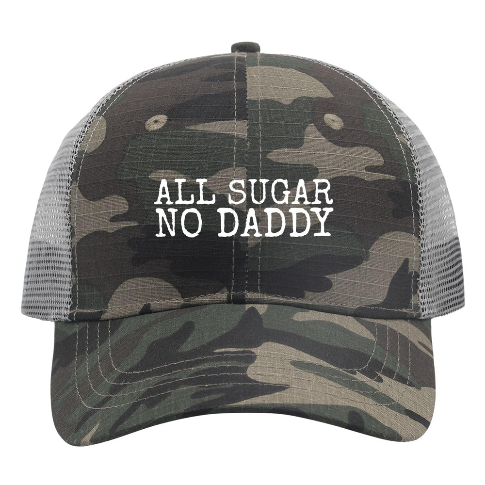 BEIXBE All Sugar No Daddy hat in washed denim, front view.