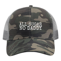 BEIXBE All Sugar No Daddy hat in washed denim, front view.