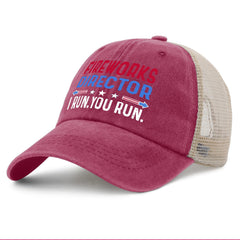 BEIXBE Fireworks Director Run You Run hat denim-wash texture, retro style