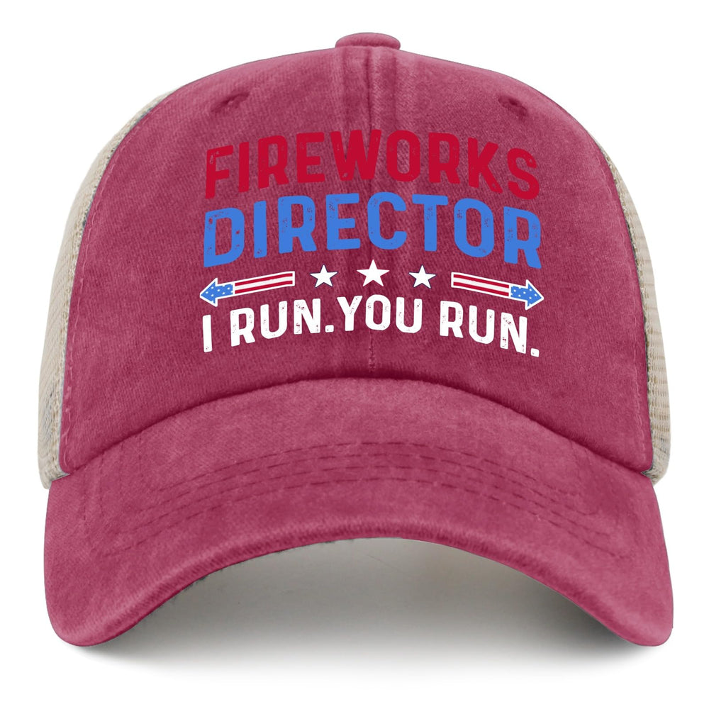 BEIXBE Fireworks Director Run You Run hat front view, breathable mesh for hot days