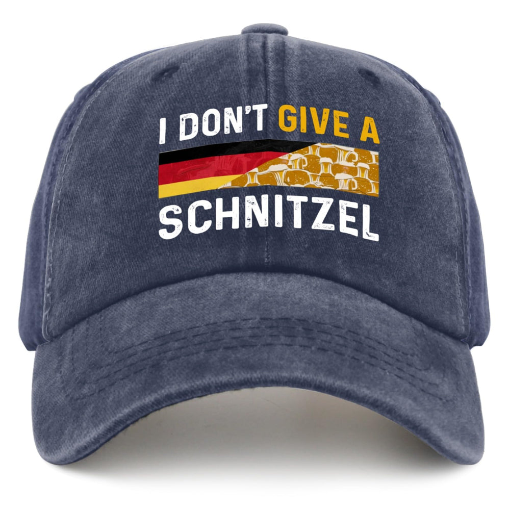 BEIXBE I Don't Give A Schnitzel hat front view showcases retro denim and breathable mesh