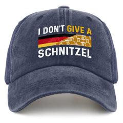 BEIXBE I Don't Give A Schnitzel hat front view showcases retro denim and breathable mesh