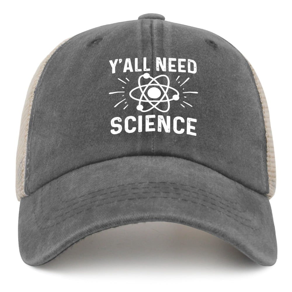 BEIXBE Y'all Need Science hat front view shows vintage denim styling and breathable comfort