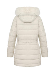 Bellivera puffer coat with fur-trimmed hood highlights luxurious detail and neck warmth.