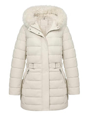 Bellivera plus-size puffer coat with hood and sherpa lining, front view for cozy warmth.