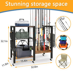 3-tier shelf holding fishing rods and tackle boxes