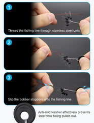 Close-up of bobber stops and 100 washers included