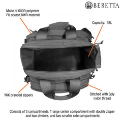 Beretta 38L range bag durable fabric close-up; water-resilient material.