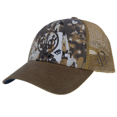 Front view of Beretta Avayde camouflage trucker hat with trident logo