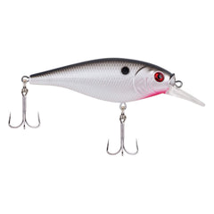 Berkley Flicker Shad shallow pearl white lure in front view, ideal for shallow-water trolling and rattle action