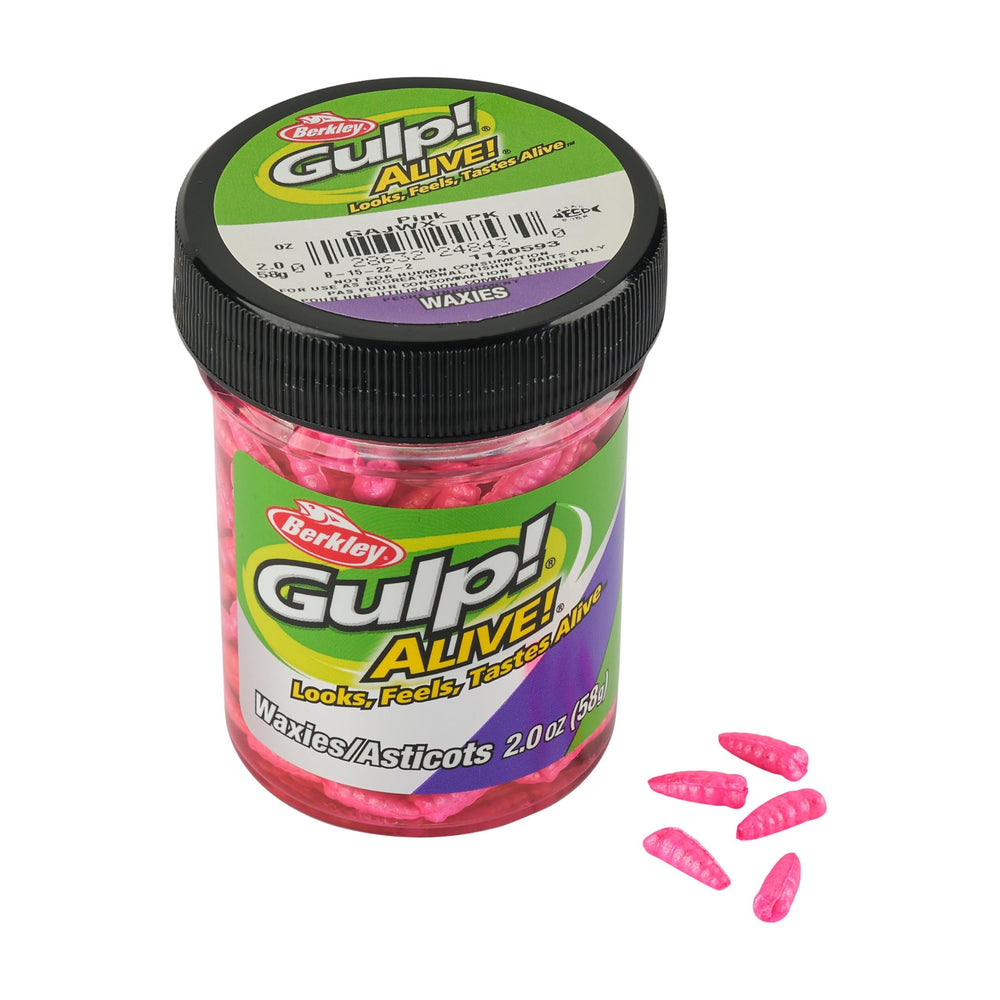 Berkley Gulp Alive Waxies Pink 2oz jar front view; scented bait for panfish.