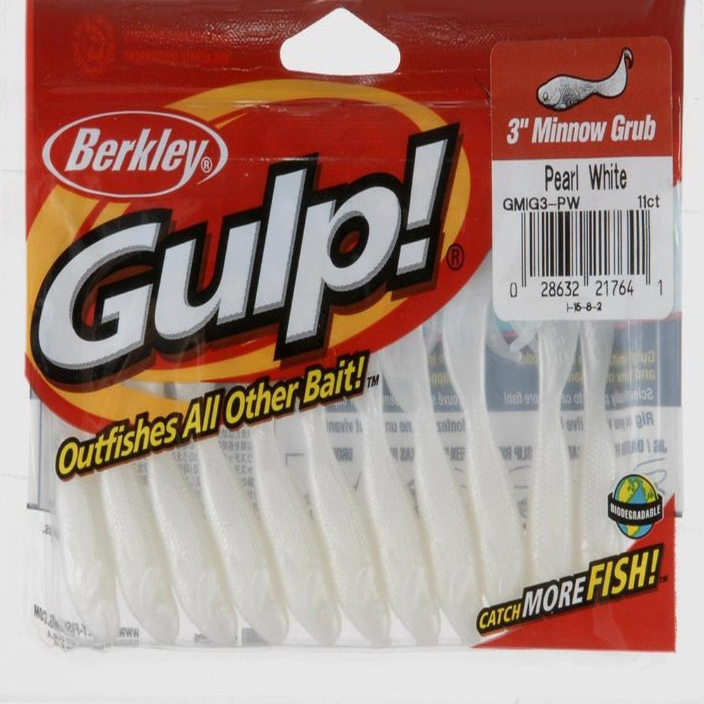 Berkley Gulp Minnow Grub in pearl white lure with lifelike color for bass attraction