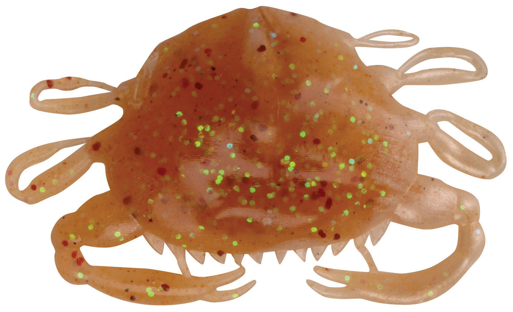Berkley Gulp! Peeler Crab Amber Glow 2in close-up shows glow to attract saltwater fish.