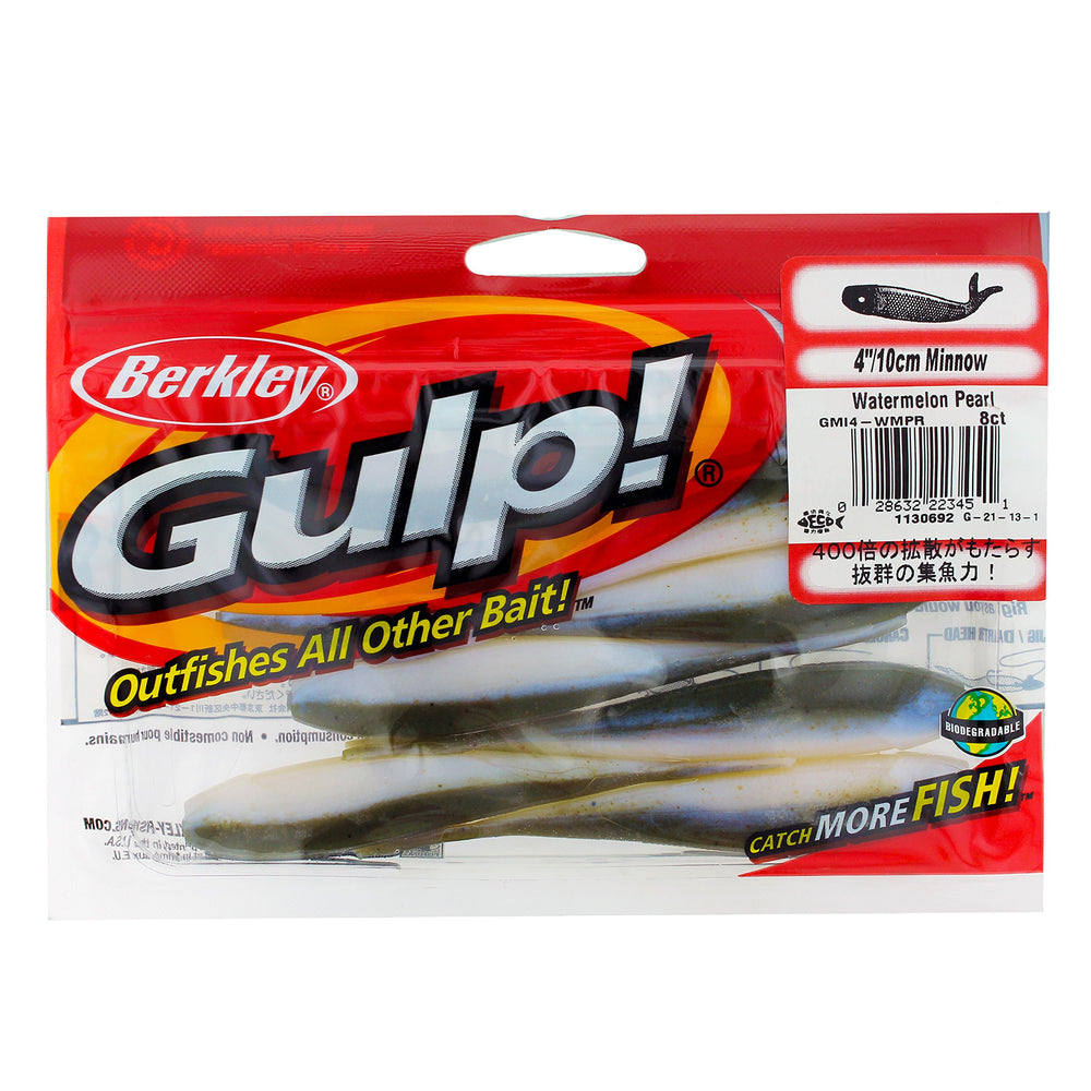 Berkley Gulp Watermelon Pearl 4in bait with lifelike scent dispersion.