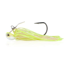 Berkley SlobberKnocker jig white chartreuse front view, draws attention in clear water.