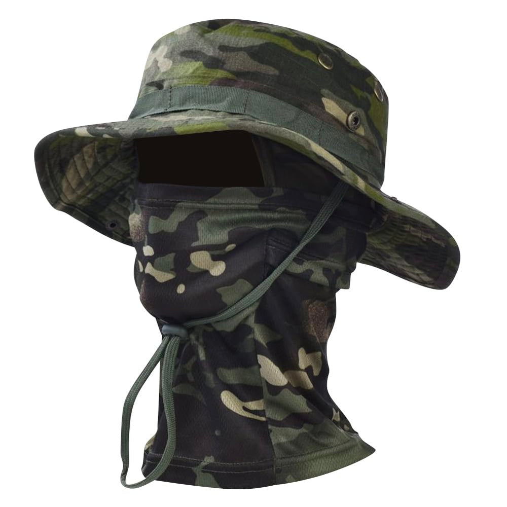 Besforta camo boonie hat with balaclava mask for sun protection during outdoor adventures.